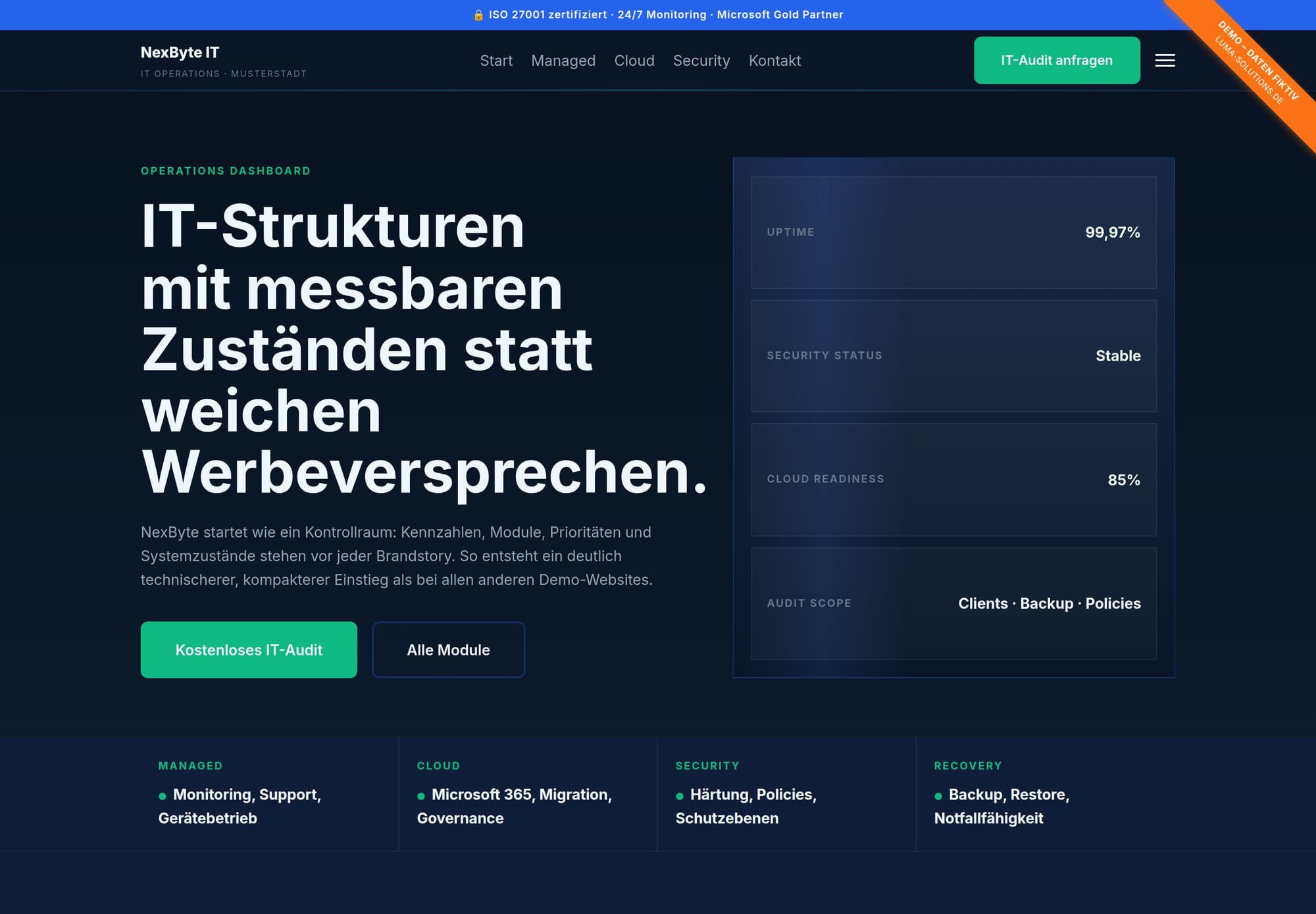 Demo-Website eines IT-Dienstleisters im dunklen Technik-Look mit Kennzahlen und Systemzuständen.