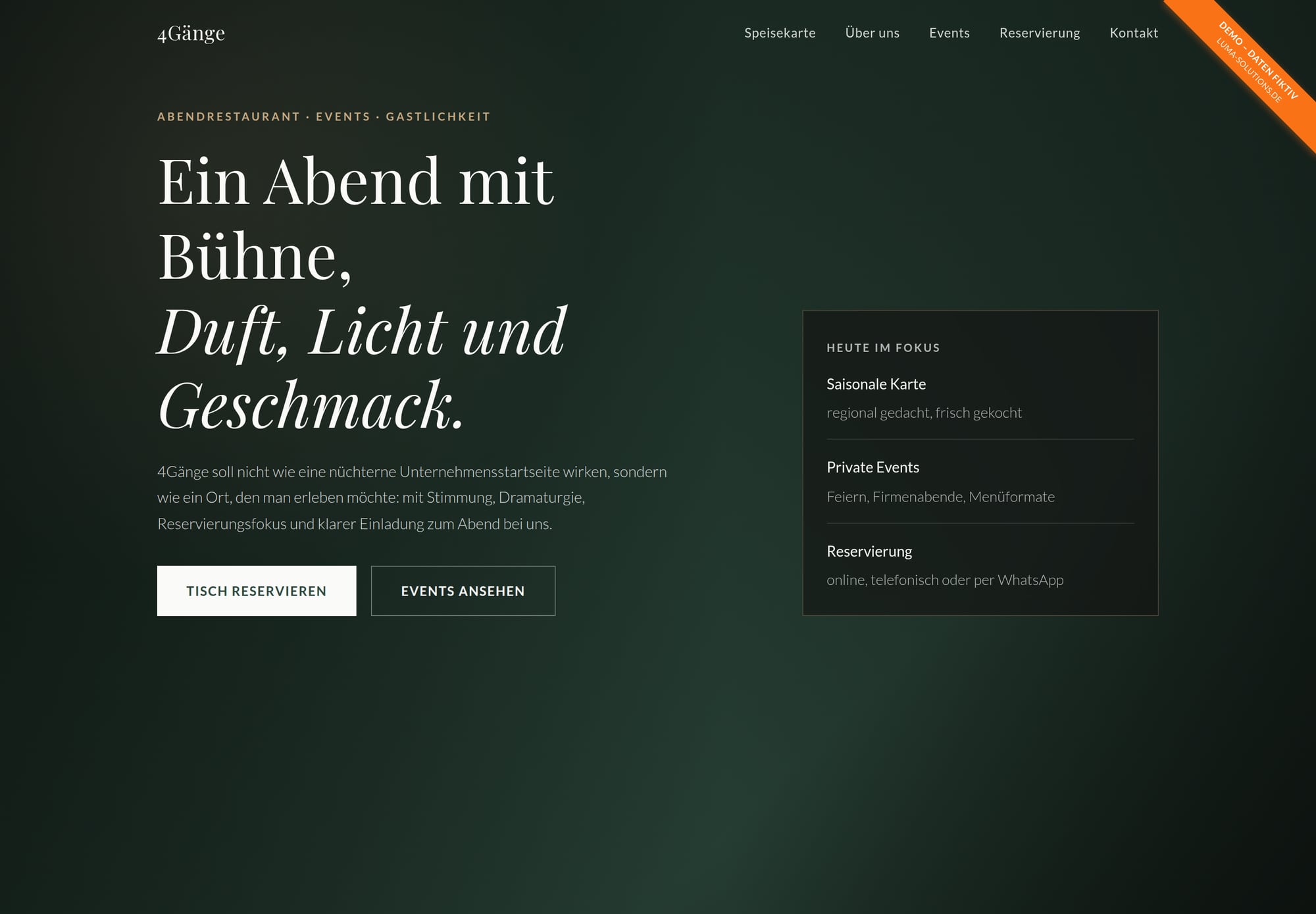 Startseite der Demo-Website für das Restaurant 4Gänge: dunkle, atmosphärische Gestaltung mit großer Überschrift und Reservierungsführung.